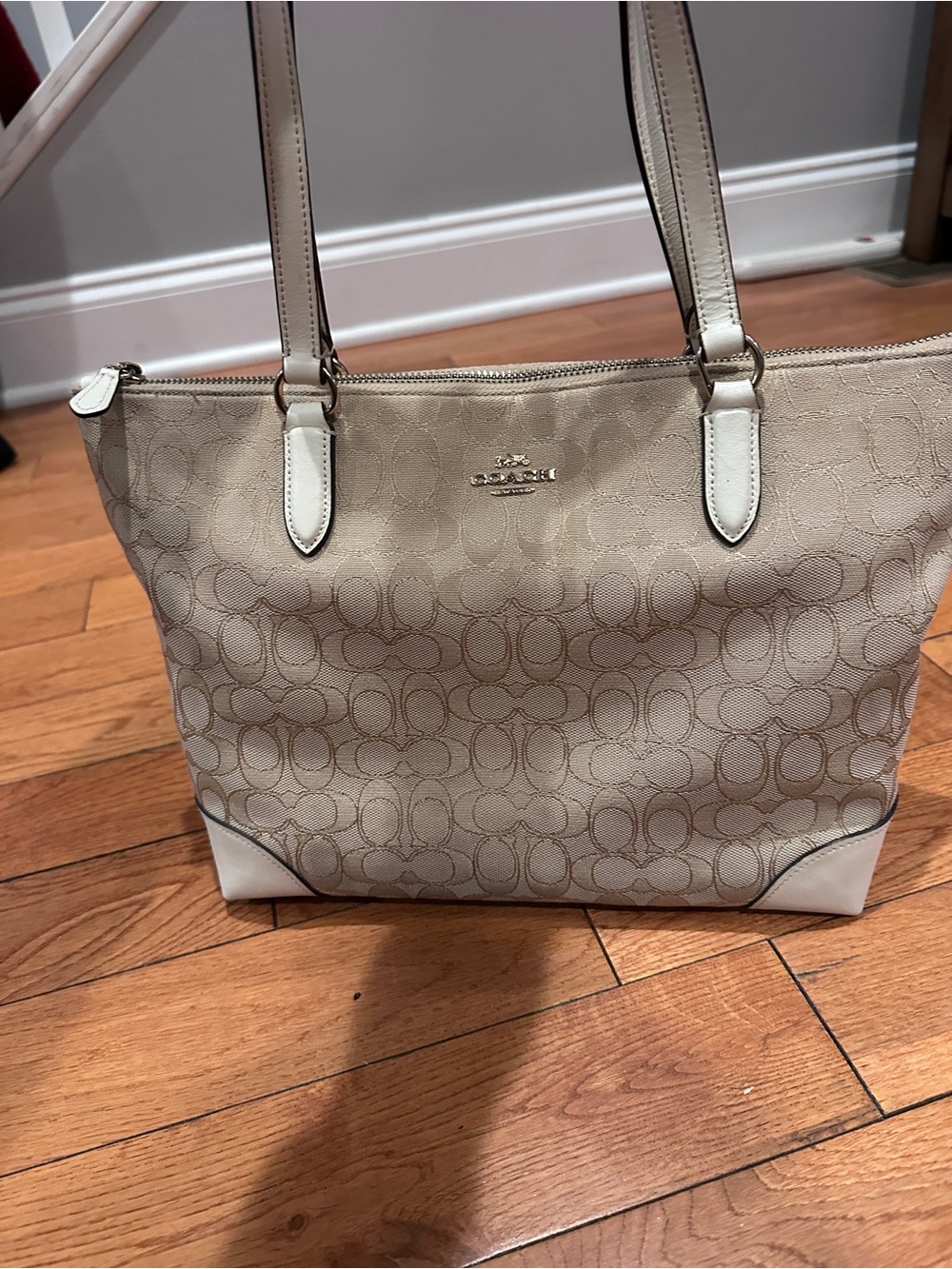 Coach Beige Signature Canvas Tote with Cream Trim